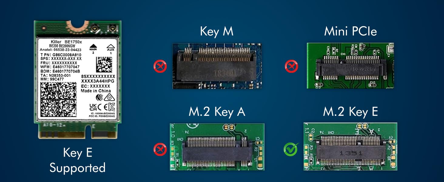 HighZer0 Electronics BE1750x Killer Series Verbesserte BE200 WiFi 7-Karte | Gaming-WiFi-Adapter | M.2 PCIe WiFi-Karte 5,8 Gbit/s 320 MHz 4K QAM | Unterstützt Bluetooth 5.4 und Intel-PC mit Windows 10/11
