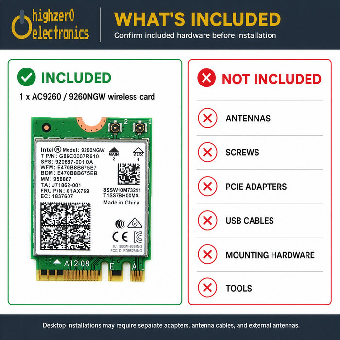 HighZer0 Electronics Tarjeta de red heredada AC 9260 802.11ac M.2 Bluetooth 5.1 | WiFi 5 hasta 1,73Gbps, MU-MIMO | Compatible con Intel, AMD, Linux y Windows 10/11 | Adaptador WiFi 9260NGW