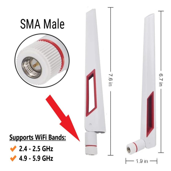 Weiße und rote 10-dBi-Dualband-Signalverstärker-WLAN-Antennen (2,4 GHz/5 GHz-5,8 GHz) mit SMA-Stecker für drahtlose Kamera, Router, Hotspot – 2er-Pack