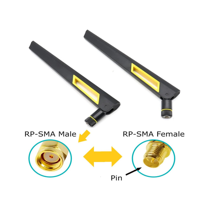 Black and Gold 10dBi Dual Band Signal Booster Wi-Fi Antennas (2.4GHz/5GHz-5.8GHz) with RP-SMA Male Connector for Wireless Camera, Router, Hotspot - 2 Pack