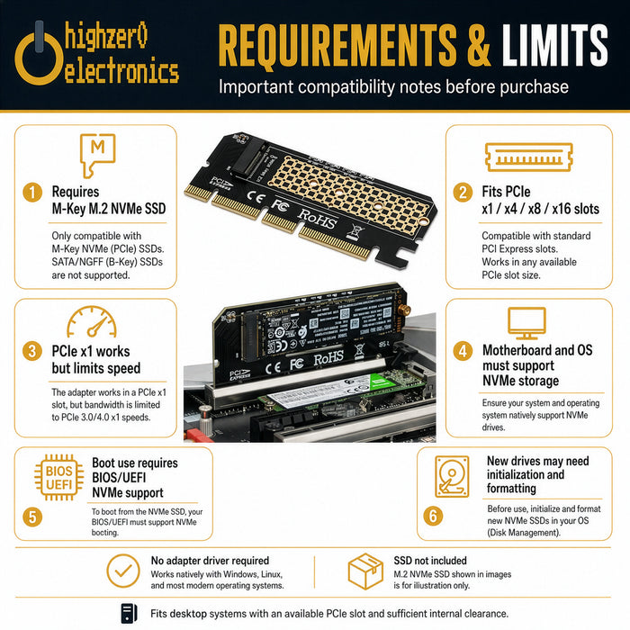 M.2 NVMe SSD to PCIe x4 Adapter Card | Supports 2230-2280 M-Key Drives