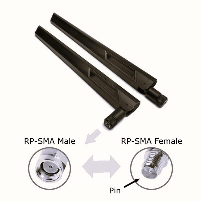 Schwarze und schwarze 10-dBi-Dualband-Signalverstärker-WLAN-Antennen (2,4 GHz/5 GHz-5,8 GHz) mit RP-SMA-Stecker für drahtlose Kamera, Router, Hotspot – 2er-Pack
