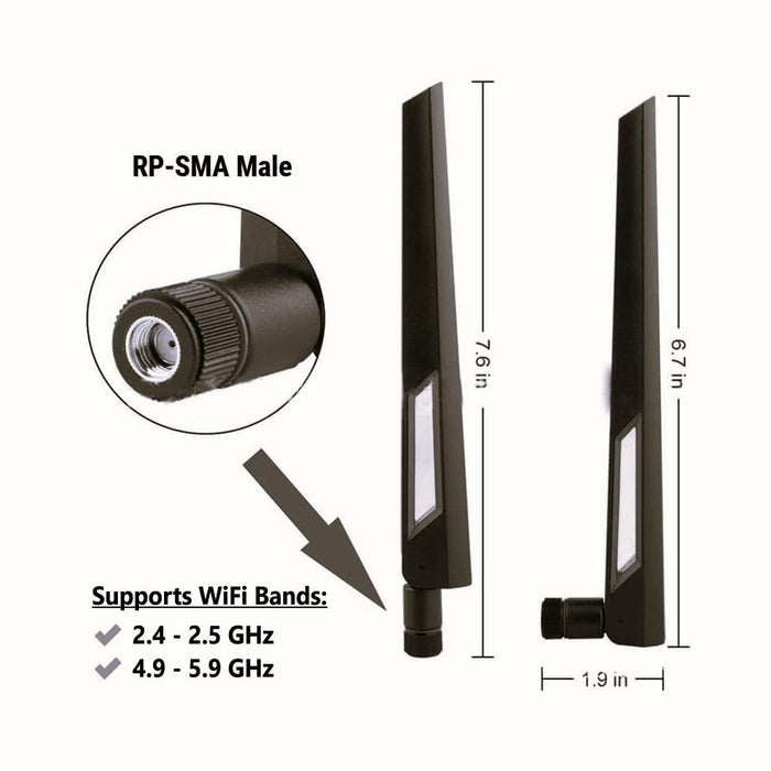 Black and Black 10dBi Dual Band Signal Booster Wi-Fi Antennas (2.4GHz/5GHz-5.8GHz) with RP-SMA Male Connector for Wireless Camera, Router, Hotspot - 2 Pack