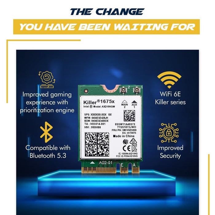 Killer Series für Intel AX1675x Gaming WiFi 6E Adapter-Upgrade | M.2 WiFi-Karte für PC | 2,4 Gbit/s WiFi | Bluetooth 5.3-kompatibel | Für die meisten Intel- und AMD-Systeme