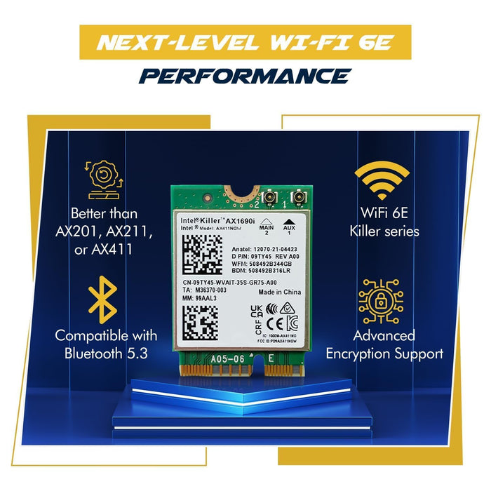 Killer Series for Intel AX1690i WiFi 6E Gaming Adapter Upgrade from AX411| CNVio2 M.2 WiFi Card | High-Speed 3.0 Gbps WiFi for PC | Bluetooth 5.3 Support | Supports Intel 12th+ Gen CPUs