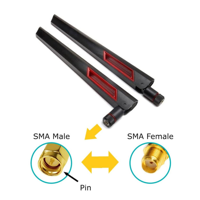 Schwarze und rote 10-dBi-Dualband-Signalverstärker-WLAN-Antennen (2,4 GHz/5 GHz-5,8 GHz) mit SMA-Stecker für drahtlose Kamera, Router, Hotspot – 2er-Pack