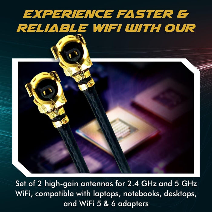 WiFi Antenna for PC, Laptop, Desktop & Motherboard | 2.4GHz/5GHz/6GHz | 4th Generation U.FL (Compatible with MHF4 and IPEX4) Connectors on M2 Wi-Fi Cards | 2-Pack 50cm (20in)