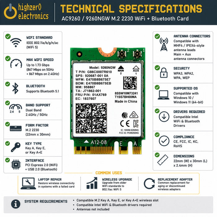 9260NGW M.2 2230 WiFi 5 Card | Supports Bluetooth 5.1 | Up to 1.73Gbps