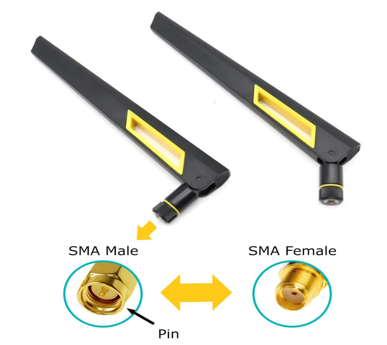 Antenas Wi-Fi amplificadoras de señal de doble banda de 10 dBi en negro y dorado (2,4 GHz/5 GHz-5,8 GHz) con conector macho SMA para cámara inalámbrica, enrutador, punto de acceso, paquete de 2