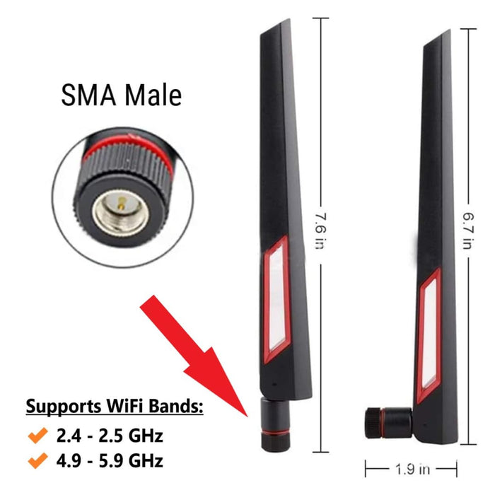 Schwarze und rote 10-dBi-Dualband-Signalverstärker-WLAN-Antennen (2,4 GHz/5 GHz-5,8 GHz) mit SMA-Stecker für drahtlose Kamera, Router, Hotspot – 2er-Pack