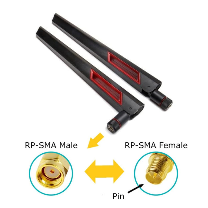 Antenas Wi-Fi amplificadoras de señal de doble banda de 10 dBi en negro y rojo (2,4 GHz/5 GHz-5,8 GHz) con conector macho RP-SMA para cámara inalámbrica, enrutador, punto de acceso, paquete de 2