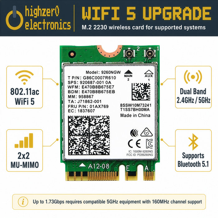 9260NGW M.2 2230 WiFi 5 Card | Supports Bluetooth 5.1 | Up to 1.73Gbps