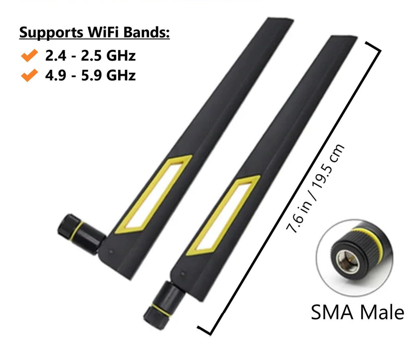 Antenas Wi-Fi amplificadoras de señal de doble banda de 10 dBi en negro y dorado (2,4 GHz/5 GHz-5,8 GHz) con conector macho SMA para cámara inalámbrica, enrutador, punto de acceso, paquete de 2