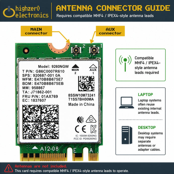 HighZer0 Electronics Tarjeta de red heredada AC 9260 802.11ac M.2 Bluetooth 5.1 | WiFi 5 hasta 1,73Gbps, MU-MIMO | Compatible con Intel, AMD, Linux y Windows 10/11 | Adaptador WiFi 9260NGW
