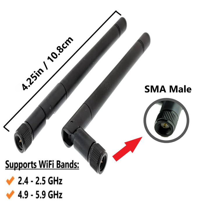 Black 3dBi Dual Band Signal Booster Mini Wi-Fi Antennas (2.4GHz/5GHz-5.8GHz) with SMA Male Connector for Wireless Camera, Router, Hotspot - 2 Pack