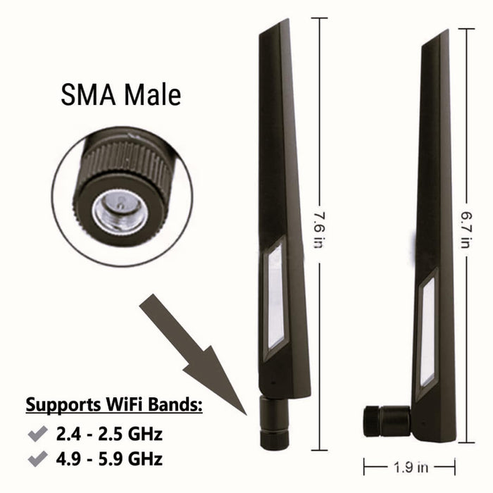 Schwarze und schwarze 10-dBi-Dualband-Signalverstärker-WLAN-Antennen (2,4 GHz/5 GHz-5,8 GHz) mit SMA-Stecker für drahtlose Kamera, Router, Hotspot – 2er-Pack