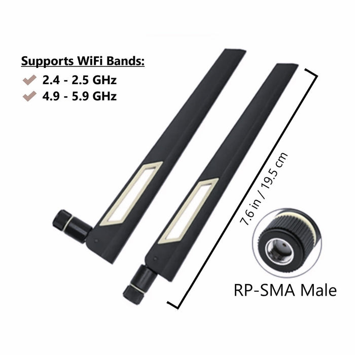 Black and Silver 10dBi Dual Band Signal Booster Wi-Fi Antennas (2.4GHz/5GHz-5.8GHz) with RP-SMA Male Connector for Wireless Camera, Router, Hotspot - 2 Pack