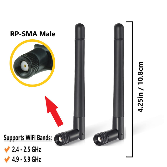 Black 3dBi Dual Band Signal Booster Mini Wi-Fi Antennas (2.4GHz/5GHz-5.8GHz) with RP-SMA Male Connector for Wireless Camera, Router, Hotspot - 2 Pack