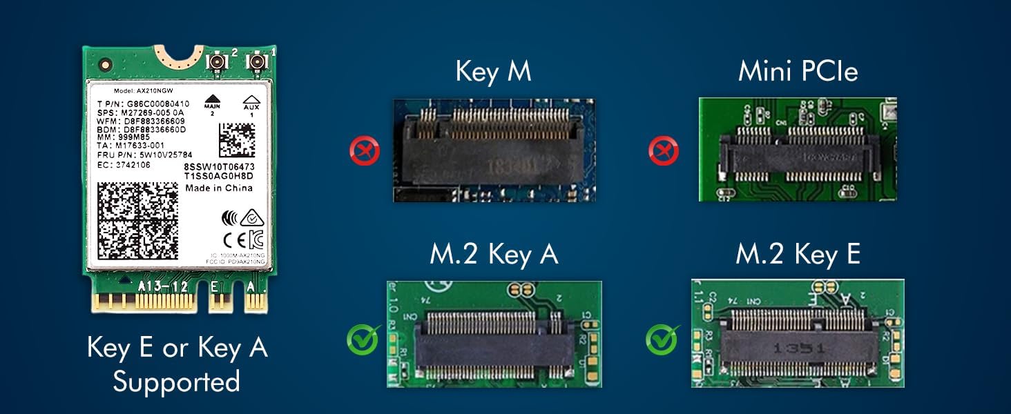 WiFi 6E Adapter für Intel AX210 | Tri-Band 2,4/5/6 GHz | Bis zu 2,4 Gbit/s | M.2 für PCs | Bluetooth 5.3 kompatibel | Funktioniert mit Intel, AMD, Windows 10/11, Linux | Modell AX210NGW Kein vPro